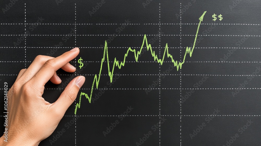 a hand interacting with a stock market trend chart featuring green uptrend lines and subtle dollar symbols, photorealistic a hand interacting with a stock market trend chart featuring green uptrend lines and subtle dollar symbols, photorealistic
