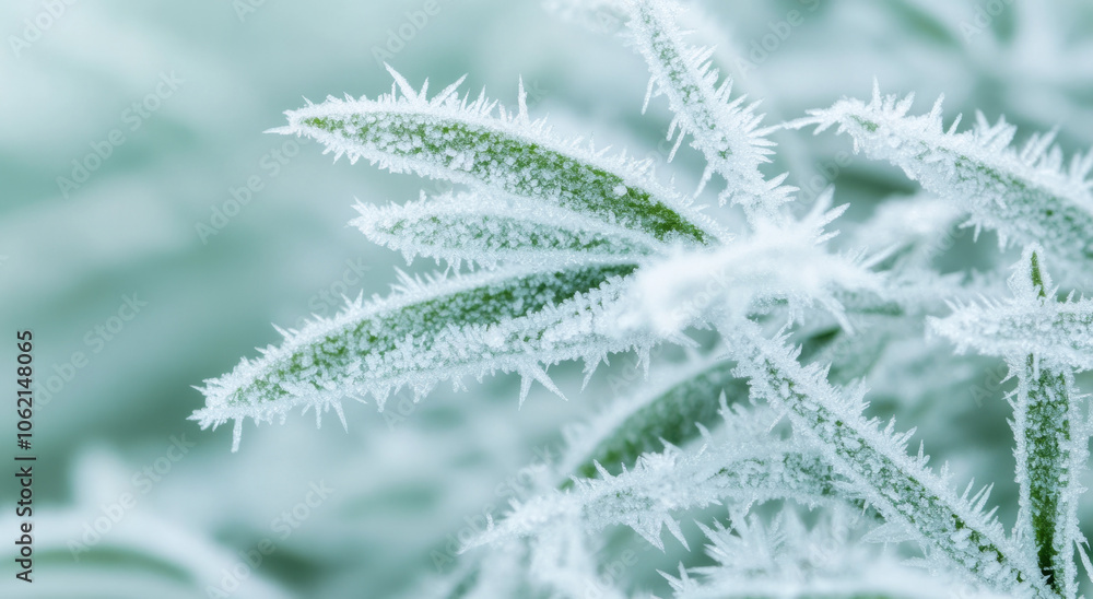Frost-covered leaves shimmer in the morning light during winter Frost-covered leaves shimmer in the morning light during winter