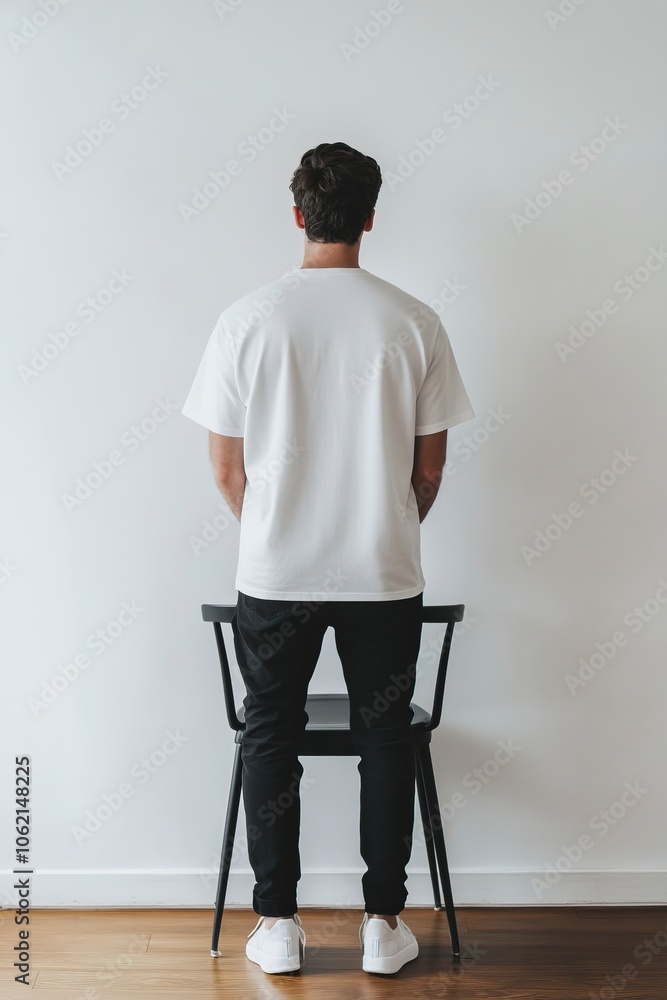 A mockup of the back of a blank white oversized t-shirt, the back of a a man wearing a blank white shirt, black pants and white shoes, in a minimalistic style,generative ai A mockup of the back of a blank white oversized t-shirt, the back of a a man wearing a blank white shirt, black pants and white shoes, in a minimalistic style,generative ai