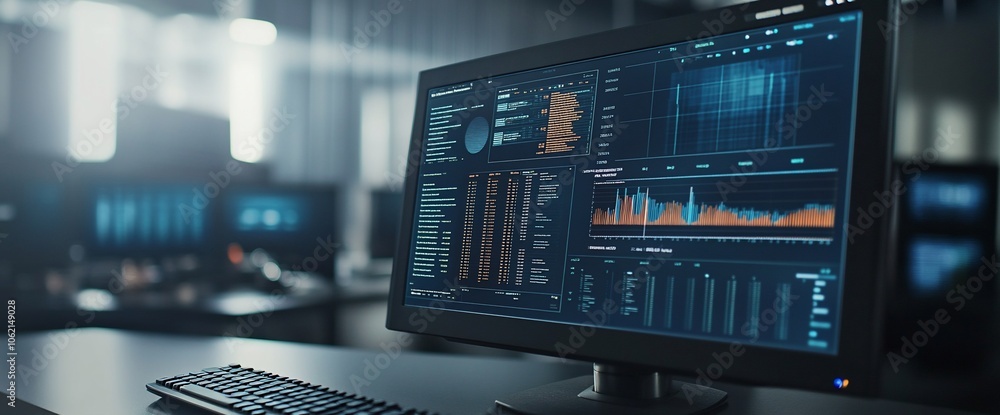 A modern desktop computer with a large monitor displaying graphs and charts. A modern desktop computer with a large monitor displaying graphs and charts.