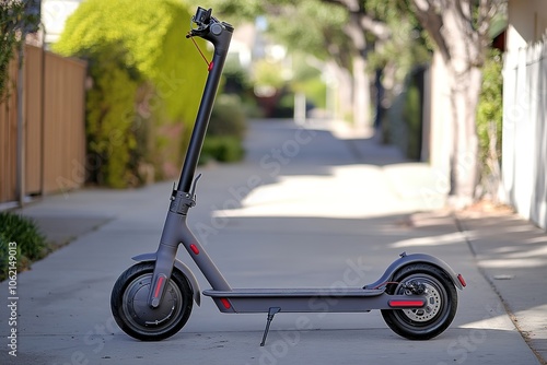 Electric scooter parked on sidewalk, ready for ride