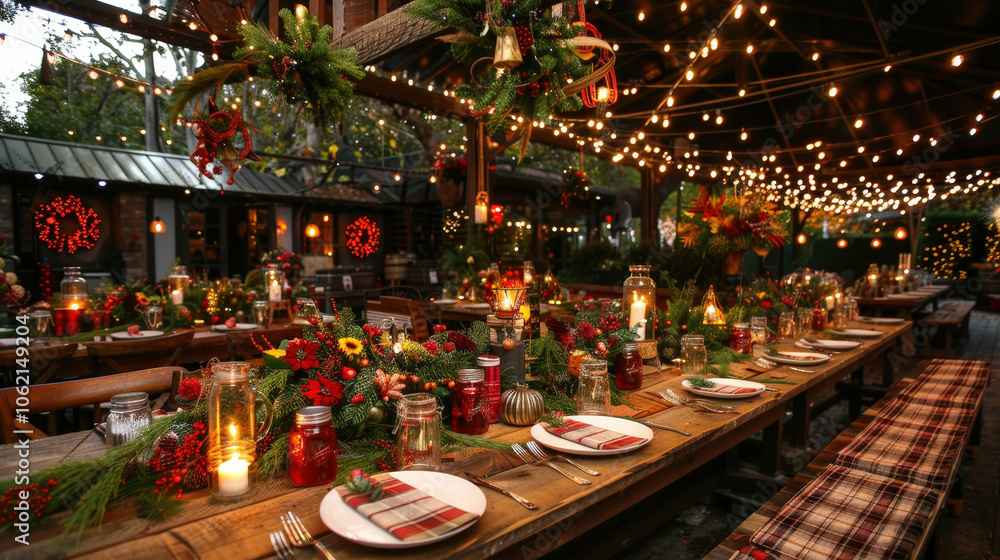© AlexPhototest - rustic Christmas dinner table set with plaid tablecloth, surrounded by festive decorations and warm lights, creating cozy and inviting atmosphere for holiday gatherings