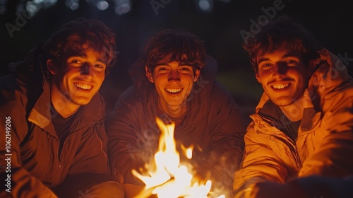 Wallpaper Mural Three friends sitting by a campfire, smiling warmly and enjoying an evening outdoors together Torontodigital.ca