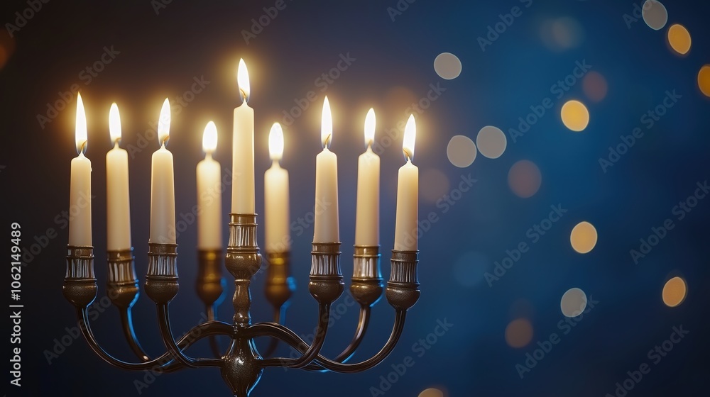 Fototapeta premium Elegant menorah with nine lit candles, symbolizing the celebration of Hanukkah with a blurred festive background
