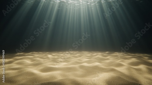 Ocean floor covered in sand, beams of light casting soft shadows, a quiet and undisturbed scene