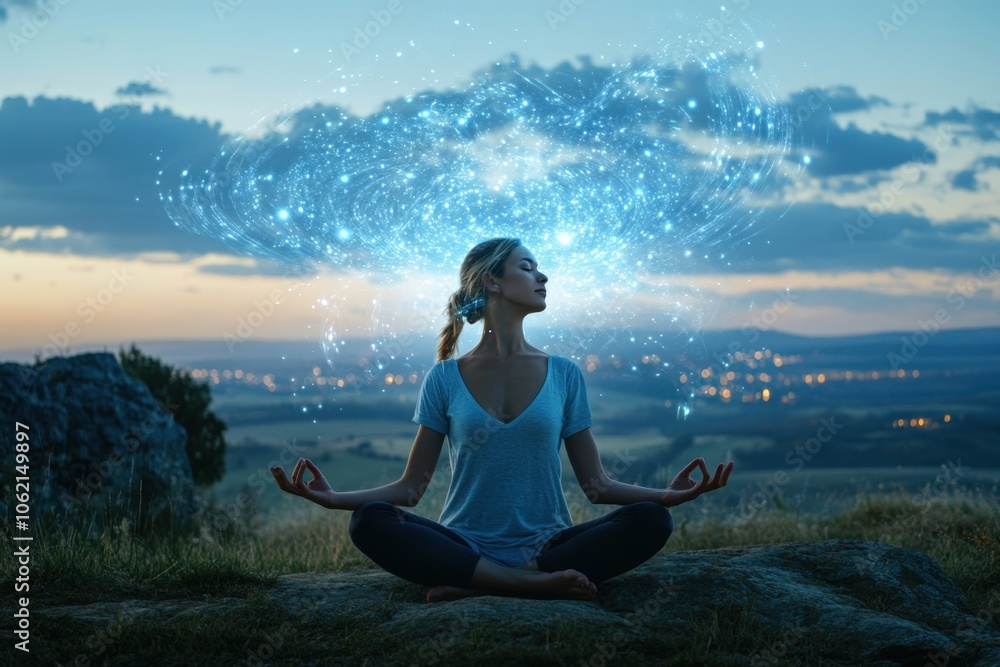 Young woman practicing yoga in nature, meditating with cosmic energy swirling above her head at sunset, achieving enlightenment and mindfulness Young woman practicing yoga in nature, meditating with cosmic energy swirling above her head at sunset, achieving enlightenment and mindfulness