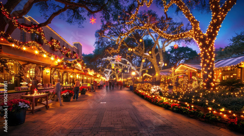 Wallpaper Mural festive street adorned with vibrant holiday lights and decorations, creating warm and inviting atmosphere. scene captures joy of season with beautifully lit trees and cheerful decorations Torontodigital.ca