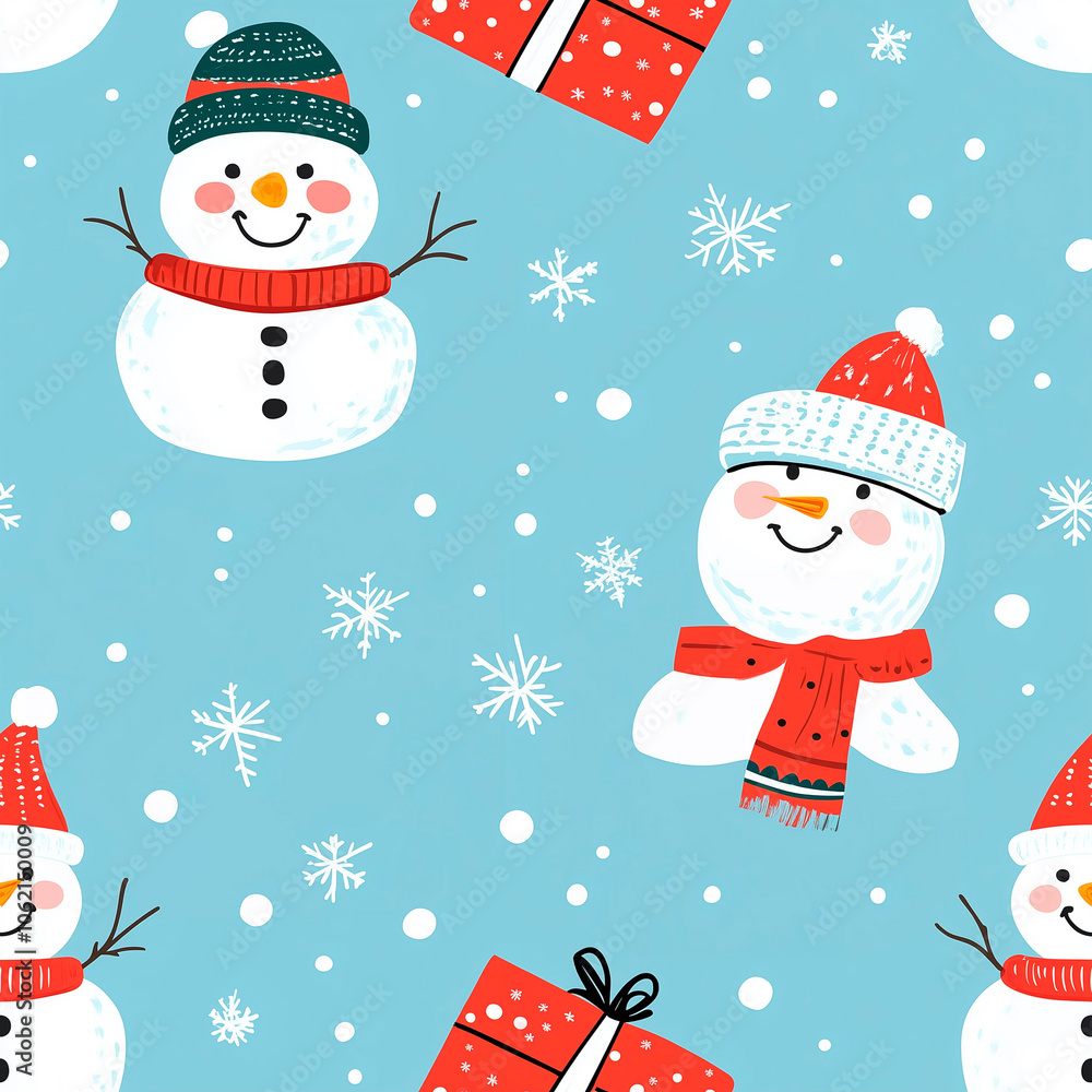 Naklejka premium Christmas new year winter seamless pattern with snowmans, gifts on light blue background with snow and snowflakes for textile, banners, wallpaper, packaging, greeting