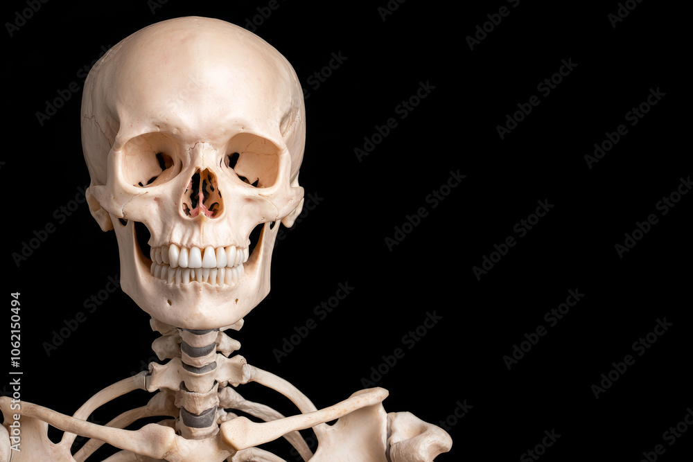 Anatomical skeleton on black background for education Anatomical skeleton on black background for education