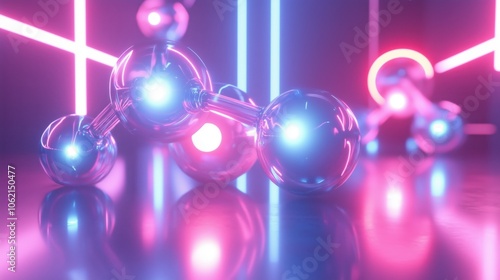 3D molecular structure with neon pink and blue lighting in a futuristic setting