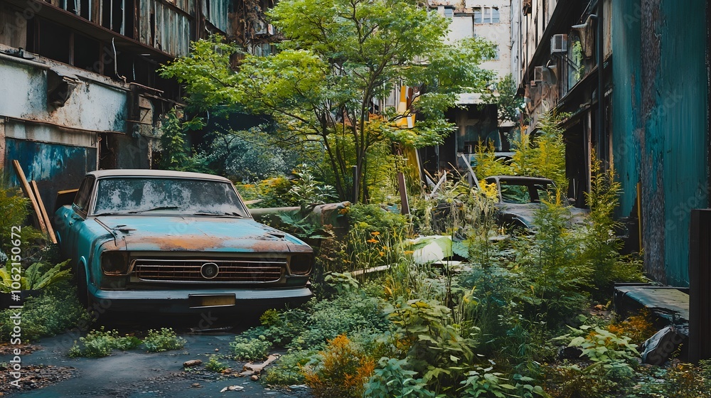 Obraz premium Nature Reclaims Abandoned Building with Overgrown Cars