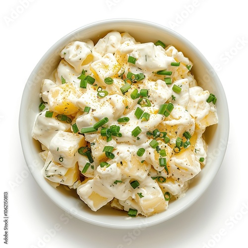 Potato salad with mayo and vinaigrette dressing in a bowl isolated on a white background