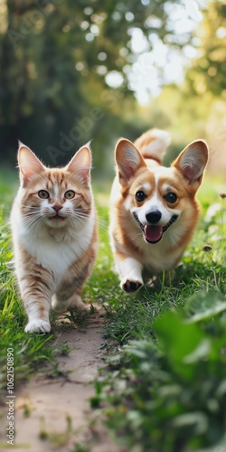 A cat and a dog are running together in a grassy field. The cat is orange and white, and the dog is brown and white. The scene is lively and playful, with the two animals enjoying each other's company