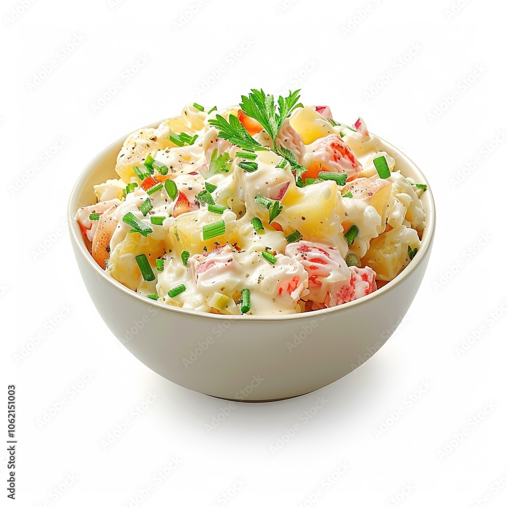 Potato salad with mayo and vinaigrette dressing in a bowl isolated on a white background Potato salad with mayo and vinaigrette dressing in a bowl isolated on a white background