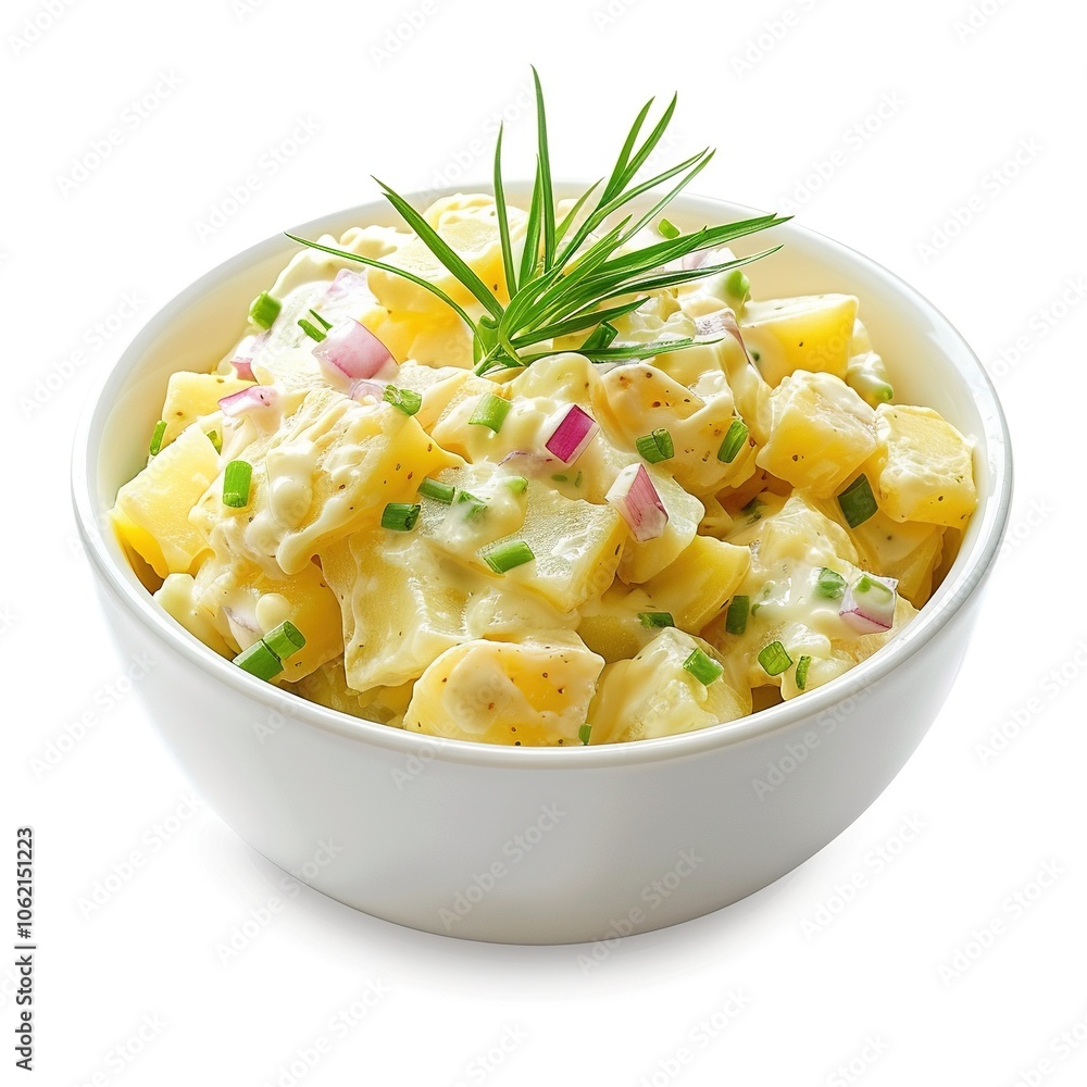 Potato salad with mayo and vinaigrette dressing in a bowl isolated on a white background Potato salad with mayo and vinaigrette dressing in a bowl isolated on a white background