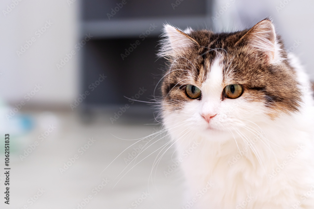 A closeup view featuring a brown and white cat gazing directly at the camera A closeup view featuring a brown and white cat gazing directly at the camera