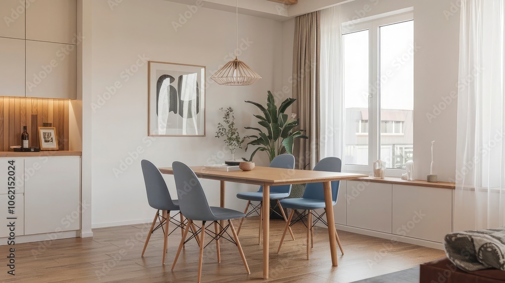 Fototapeta premium a living room with a couch, table, and a lamp.