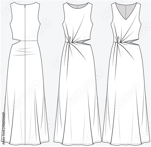 FIT AND FLARE LONG MAXI DRESS WITH TWISTED KNOT AND CUT OUT DETAIL DESIGNED FOR YOUNG WOMEN AND WOMEN IN VECTOR FILE