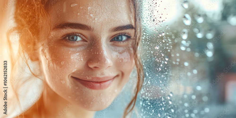 Young woman smiling at the camera while standing by a rain-soaked window Young woman smiling at the camera while standing by a rain-soaked window