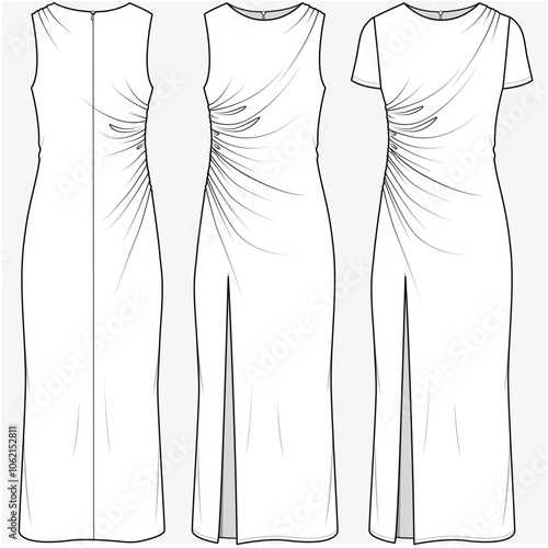 ASYMMETRIC GATHER DRESS WITH SLIT DETAIL DESIGNED FOR YOUNG WOMEN AND WOMEN IN VECTOR FILE