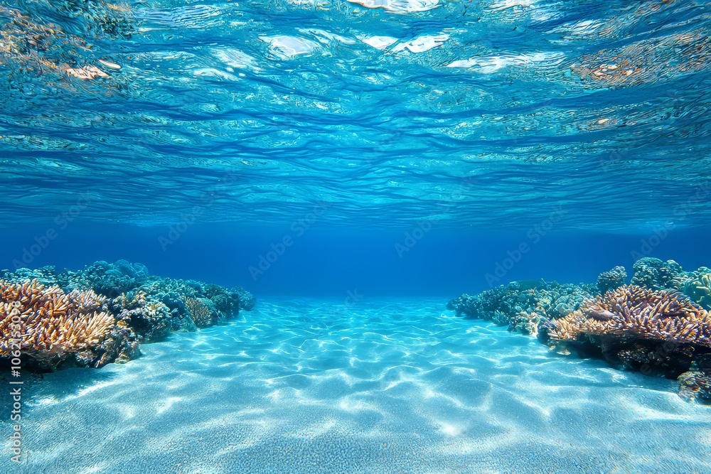 Taking the view from below the surface of the sea and looking up at the skies, one can see the sun overhead and rain falling hard on the surface. Taking the view from below the surface of the sea and looking up at the skies, one can see the sun overhead and rain falling hard on the surface.