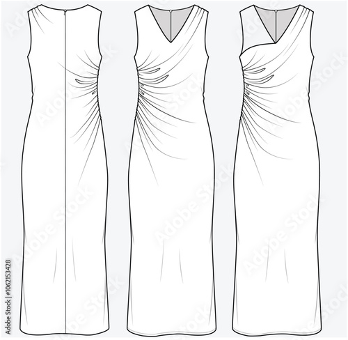 ASYMMETRIC GATHER DRESS WITH V NECKLINE DETAIL DESIGNED FOR YOUNG WOMEN AND WOMEN IN VECTOR FILE