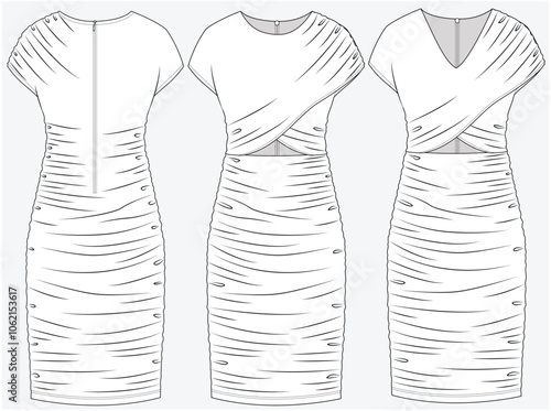 FITTED  ABOVE KNEE LENGTH DRESS WITH CUT OUT DETAIL DESIGNED FOR YOUNG WOMEN AND WOMEN IN VECTOR FILE