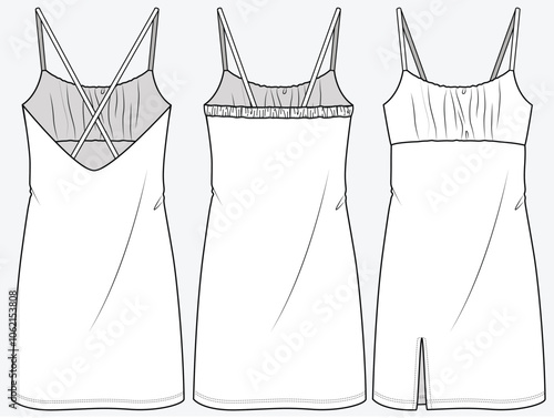 SHORT DRESS WITH GATHERED FRONT PANEL AND BACK DETAIL DESIGNED FOR YOUNG WOMEN AND WOMEN IN VECTOR FILE