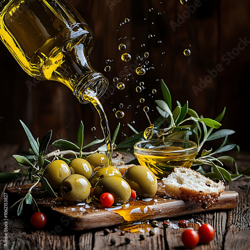 A gourmet plate of olives and olive oil, paired with fresh herbs and rustic bread, offering a taste of the Mediterranean's rich culinary tradition photo