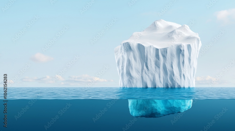 This three-dimensional rendering shows an iceberg floating in the ocean with its visible and underwater or submerged parts. This three-dimensional rendering shows an iceberg floating in the ocean with its visible and underwater or submerged parts.