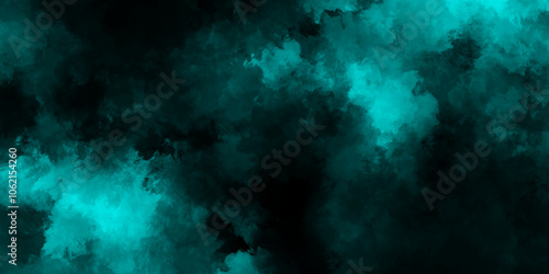 Blue powder dust smoke on black background,  Dark clouds contrast with bright center,  Abstract green smoke levitation with lighting, Atmospheric and mystic green smoke background.