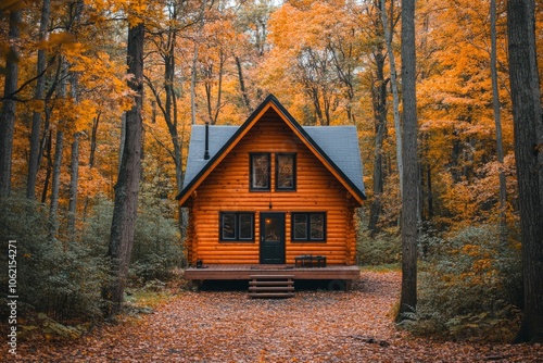 Wooden cabin nestled in a vibrant autumn forest