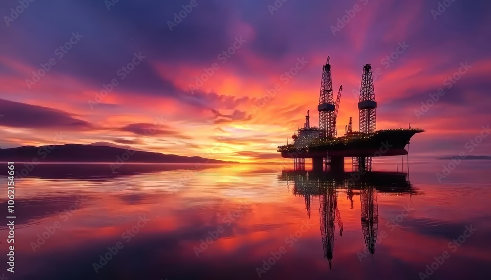 Oil rigs working at sunset with dramatic sky reflection, ideal for themes of energy dependence, fossil fuels, and industrial impact Oil rigs working at sunset with dramatic sky reflection, ideal for themes of energy dependence, fossil fuels, and industrial impact
