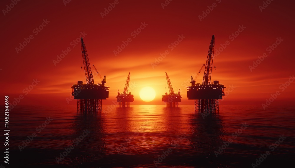 Oil rigs working at sunset with dramatic sky reflection, ideal for themes of energy dependence, fossil fuels, and industrial impact Oil rigs working at sunset with dramatic sky reflection, ideal for themes of energy dependence, fossil fuels, and industrial impact