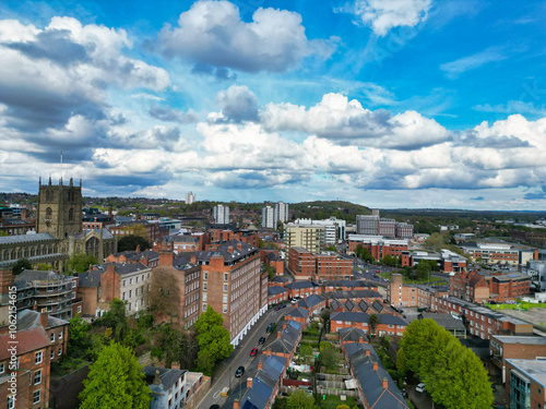High Angle View of Buildings at Downtown Central Northampton City of East Midlands Region of England Great Britain. Aerial Footage Was Captured with Drone's Camera From Medium High Altitude on April 2