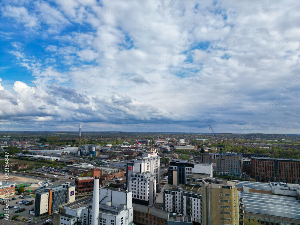 High Angle View of Buildings at Downtown Central Northampton City of East Midlands Region of England Great Britain. Aerial Footage Was Captured with Drone's Camera From Medium High Altitude on April 2