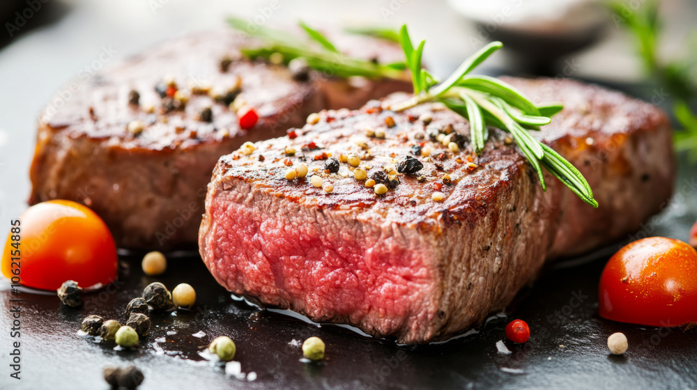 Delicious grilled steaks served with colorful garnish on a rustic platter Delicious grilled steaks served with colorful garnish on a rustic platter