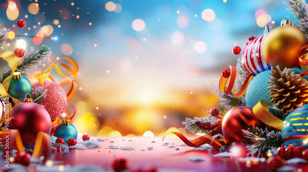 festive scene featuring vibrant arrangement of Christmas ornaments, ribbons, and pine branches, creating joyful atmosphere perfect for holiday season festive scene featuring vibrant arrangement of Christmas ornaments, ribbons, and pine branches, creating joyful atmosphere perfect for holiday season