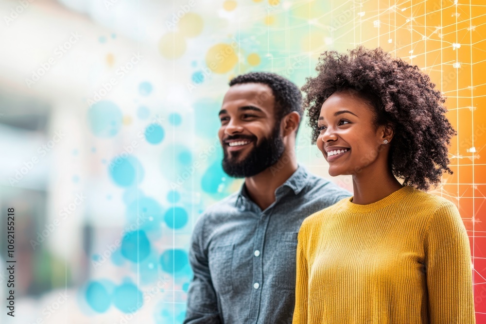 Fototapeta premium Young couple smiling together against a colorful abstract background in a modern environment