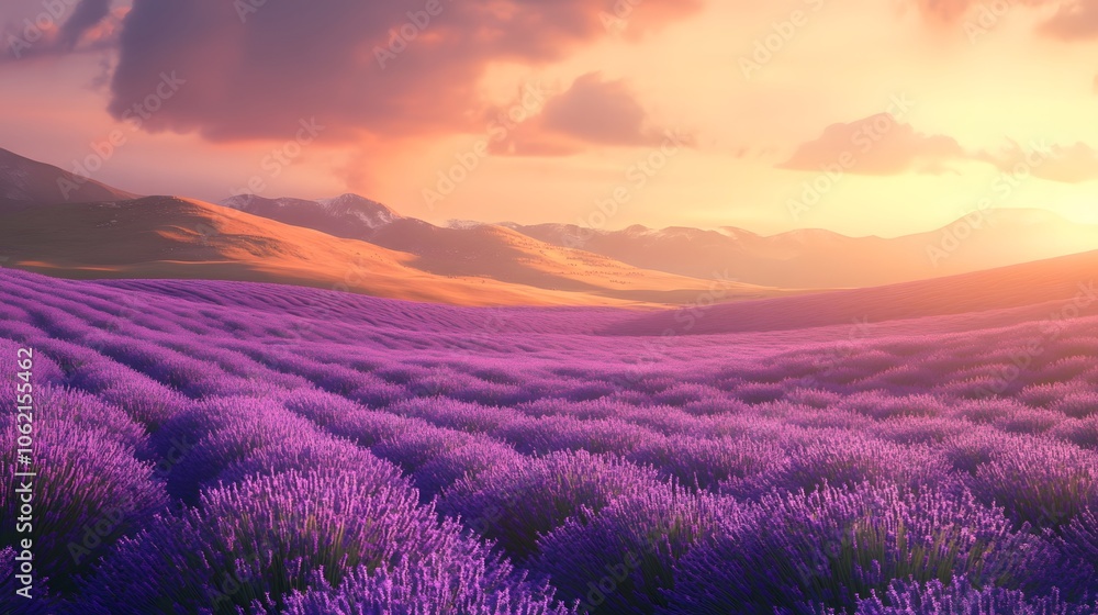 Vibrant Lavender Field at Sunset with Rolling Hills and Dramatic Sky
Vibrant Lavender Field at Sunset with Rolling Hills and Dramatic Sky