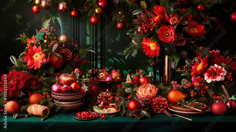 vibrant holiday table covered with festive arrangement of red flowers, fruits, and ornaments, creating warm and inviting atmosphere for celebrations vibrant holiday table covered with festive arrangement of red flowers, fruits, and ornaments, creating warm and inviting atmosphere for celebrations