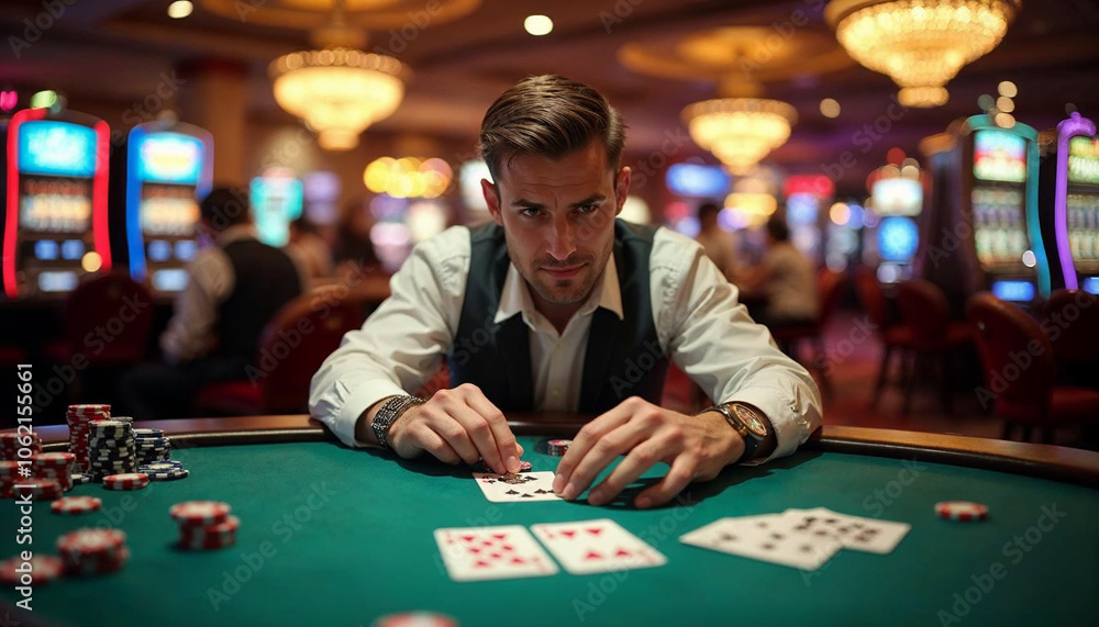 Fototapeta premium Focused player at a vibrant poker table, embodying confidence and excitement in a casino scene.