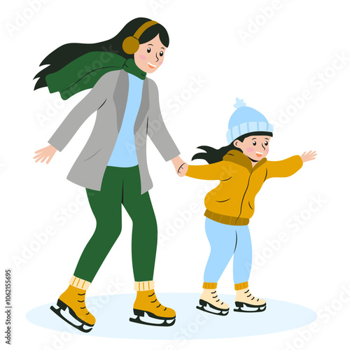Mother and daughter enjoying ice skating together in winter attire at a local rink
