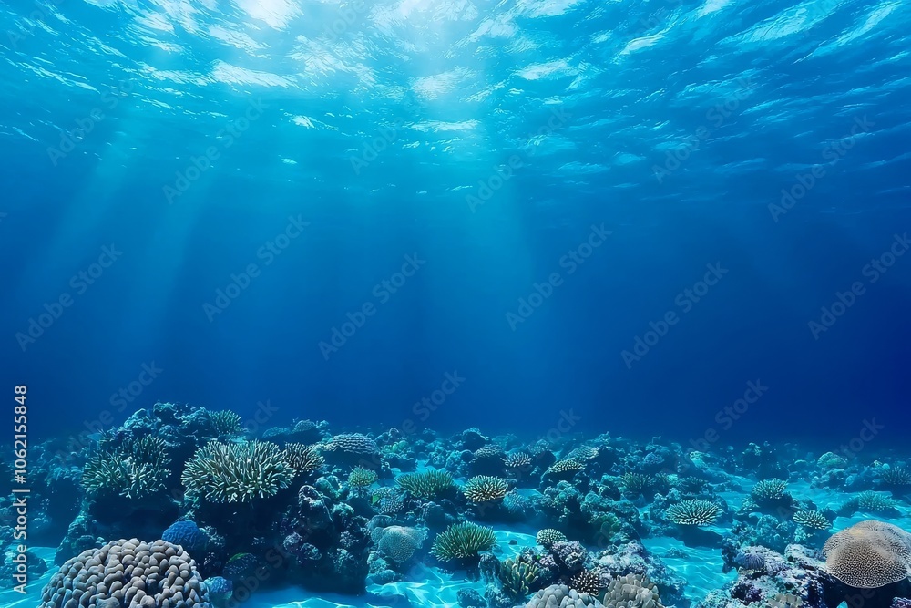 Fototapeta premium Deep blue sea and beautiful light rays with sandy floor under water Stock Image