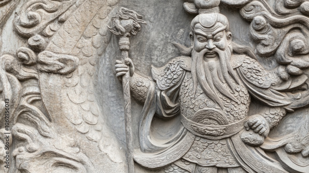 A close-up of a detailed stone carving depicting a mythical figure holding a staff. The intricate design showcases the artistry and cultural significance of the sculpture. A close-up of a detailed stone carving depicting a mythical figure holding a staff. The intricate design showcases the artistry and cultural significance of the sculpture.