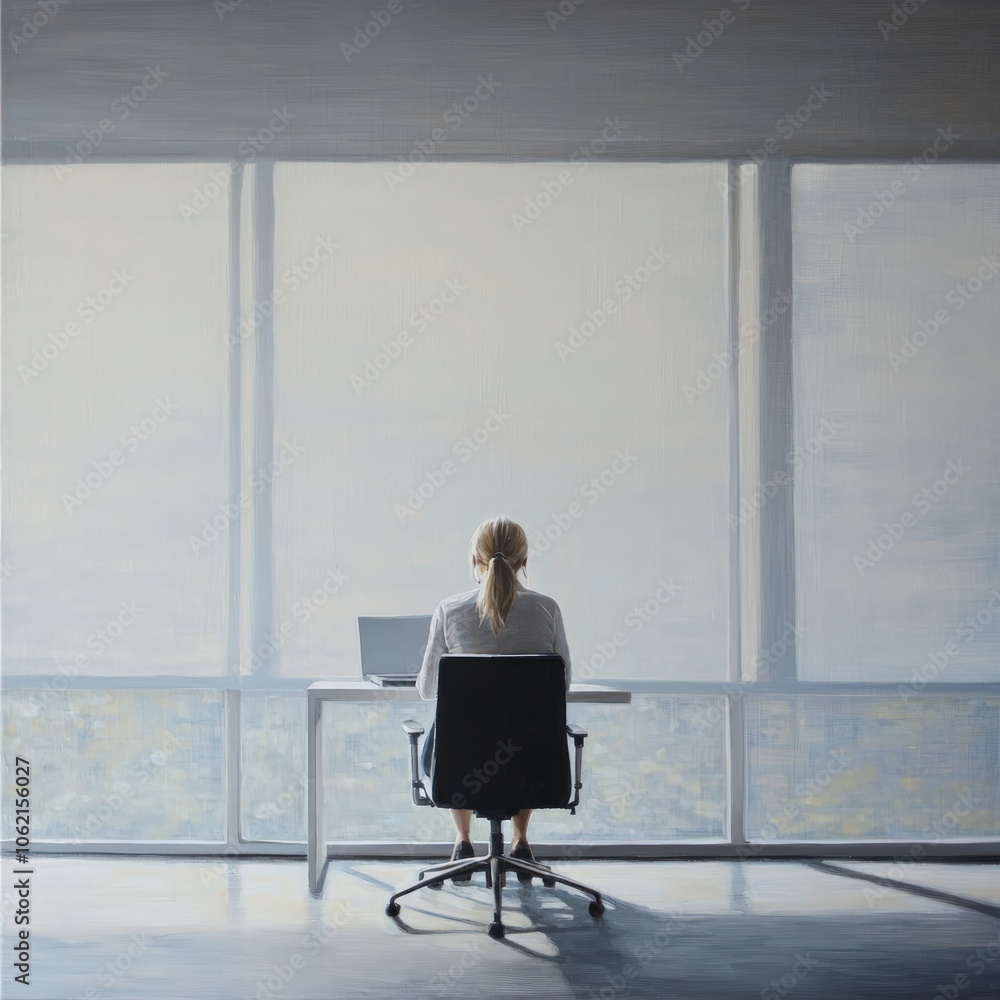 A Professional Woman Reflects While Working Alone in a Modern Office with a View Embracing Focus and Creativity A Professional Woman Reflects While Working Alone in a Modern Office with a View Embracing Focus and Creativity