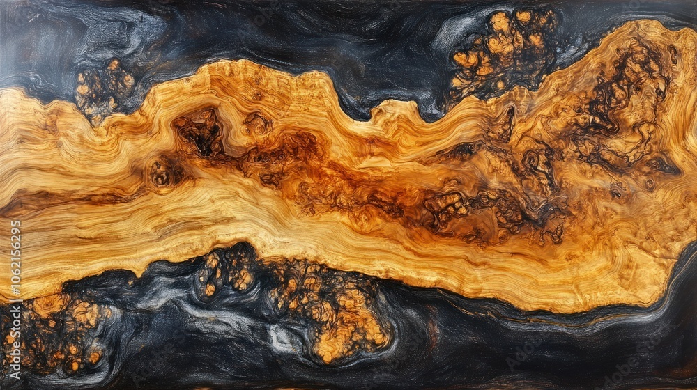 Close-up of a Golden Wood Slice with a Black and Blue Resin Fill Close-up of a Golden Wood Slice with a Black and Blue Resin Fill