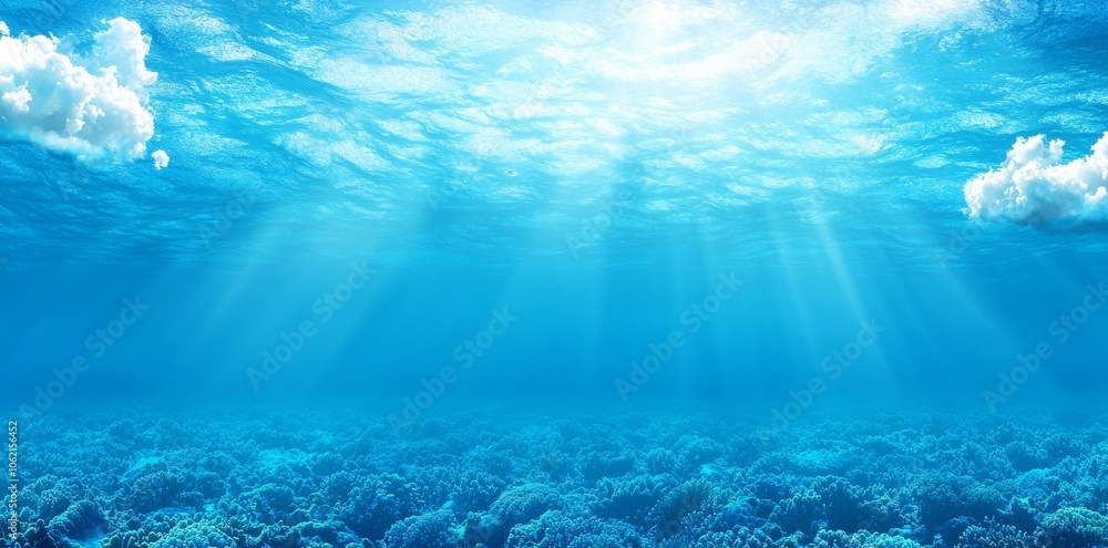 Underwater scene with blue ocean background and sunlight Underwater scene with blue ocean background and sunlight