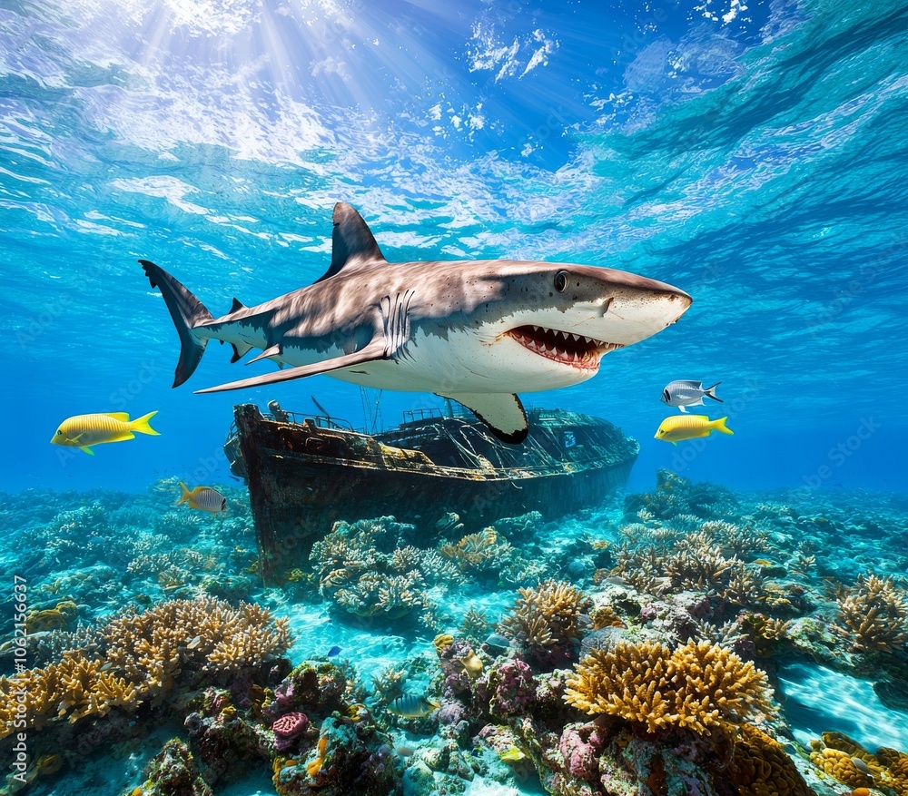 Fototapeta premium An underwater scene with sharks and a sunk treasure ship in the sea or ocean