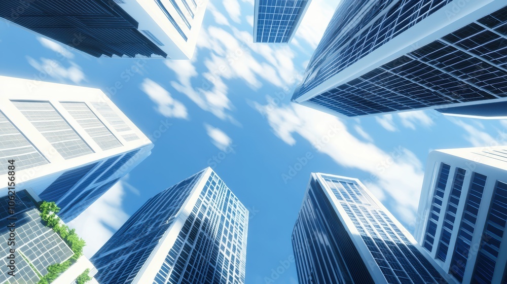 Sustainable city impact, buildings with solar panels and wind turbines, green innovation, 3D illustration Sustainable city impact, buildings with solar panels and wind turbines, green innovation, 3D illustration